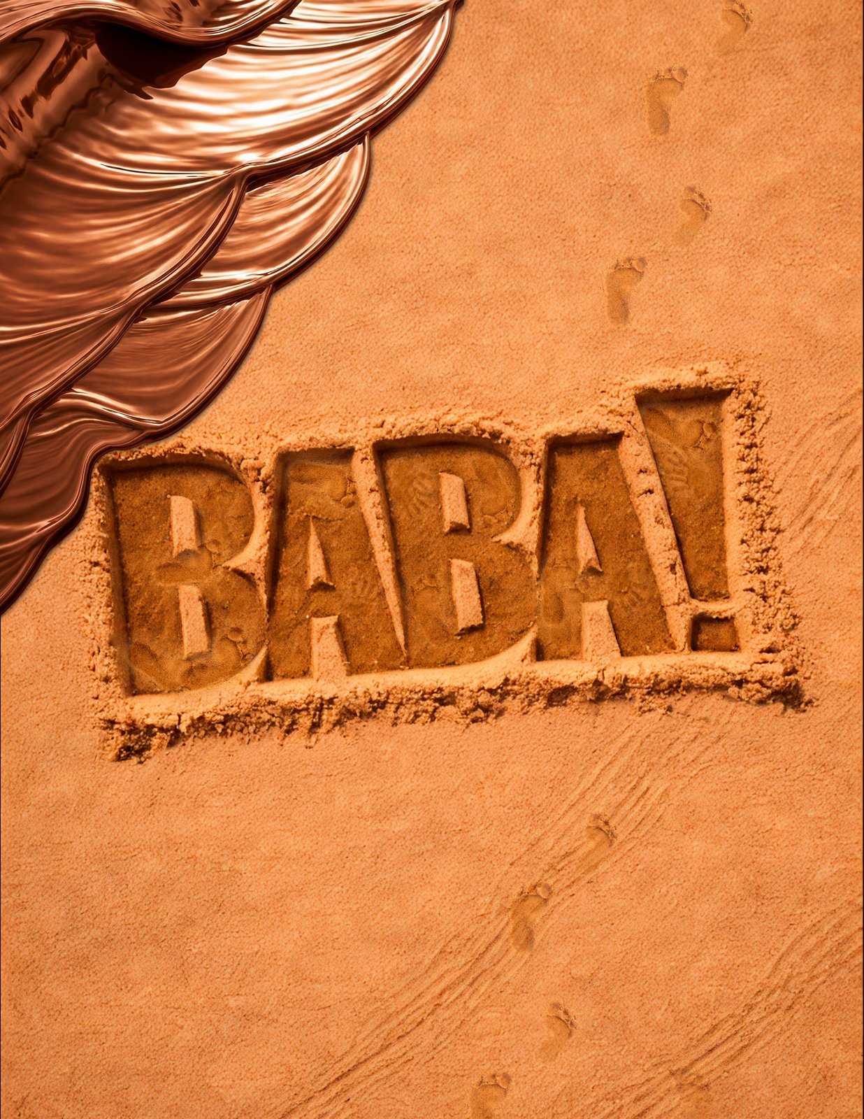 Logo BABA! imprimé dans le sable avec coulée de chocolat